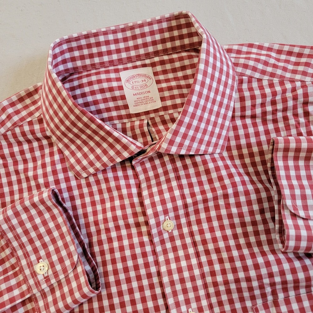 Brooks Brothers Button-Down Mens 17.5 34 Madison Red Gingham Non-Iron EUC